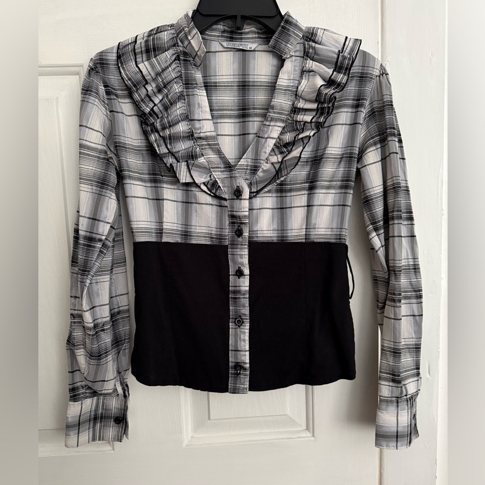 Black & Gray Plaid Ruffle-Trim Button Front Women's Top